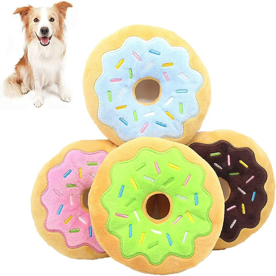Donut Plush Squeaker Toys for Small Medium Dogs Pet Game Interactive Chew Toy with Sound, Teeth Cleaning Protection Training Toy (4 Pcs)