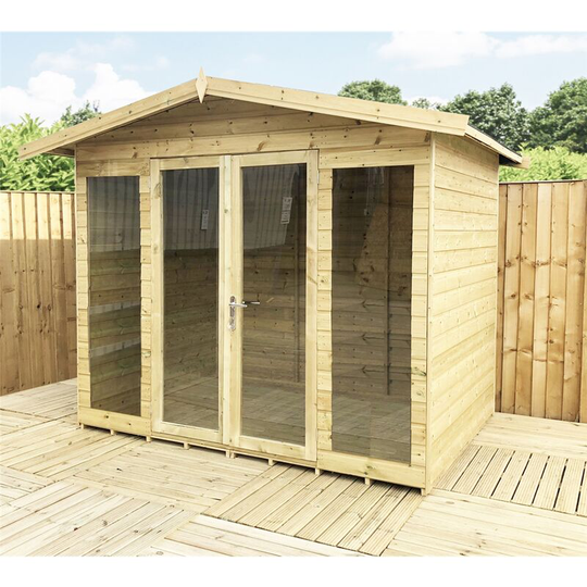 7 x 6 Pressure Treated Tongue And Groove Apex Summerhouse + long windows + Overhang + Safety Toughened Glass + Euro Lock with Key + super strength