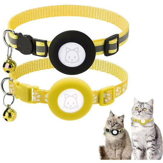 2 Pieces Adjustable Airtag Cat Collars, Reflective Air Tag Cat Collar with Detachable Safety Buckle and Bell Yellow