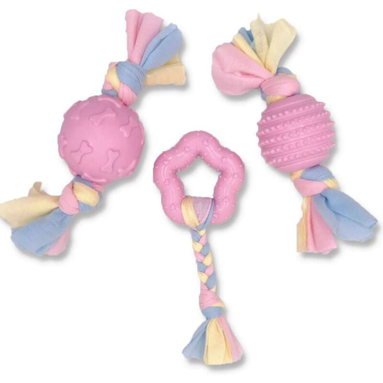 Puppy Teething Toys Set,Dog Chew Toy Durable with Cotton Cloth Rope,Interactive Dog Toys for Puppies,Small and Medium Dogs (3 Pieces) Pink