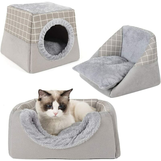 Gdrhvfd - 2 in 1 Cat Kennel with Domes Indoor Cat Kennel with Detachable Pillow Soft Warm Winter Pet Bed in Three Folding Shapes - Light Gray xl