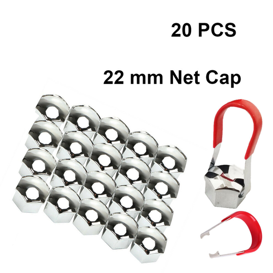 20 x 22MM ALLOY WHEEL HEX NUT/BOLT CAPS COVERS + TOOL CHROME UNIVERSAL