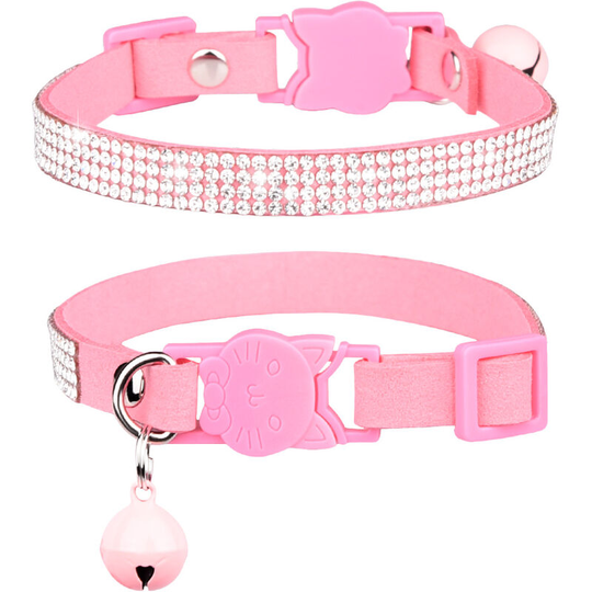 2 Pack Bling Diamond Breakaway Basic Adjustable Cat Collars with Bell for Kitten Girl Boy (Pink)