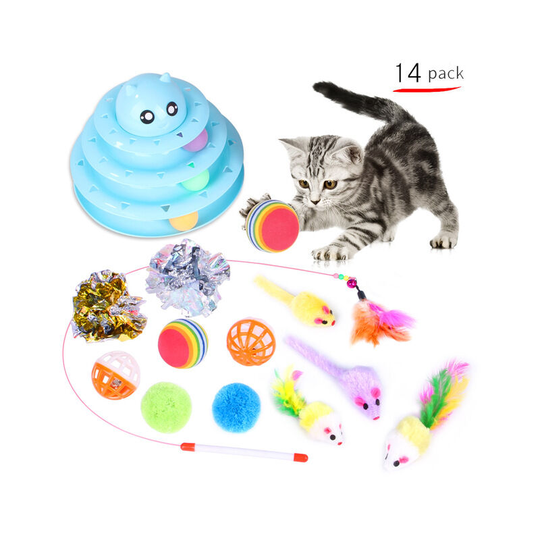 Cats toys, interactive toys for cats, three-layer track roll with three colorful balls, pp material, more durable, louder, sky blue