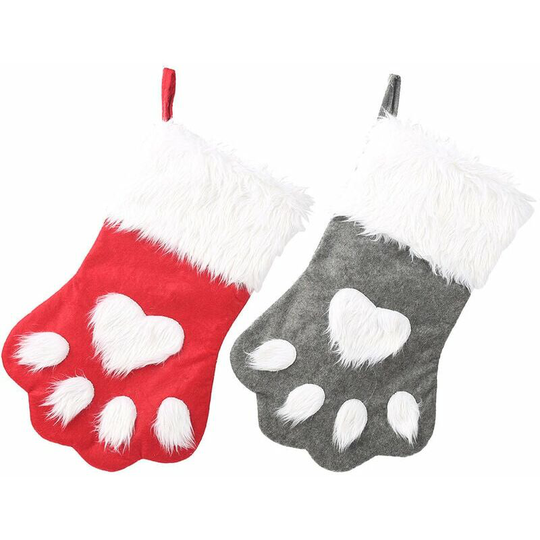 Dog Cat Paw Christmas Stocking, Plush Hanging Socks for Holiday and Christmas Decorations (Large/16.5in, 2-Pack/Grey+Red)
