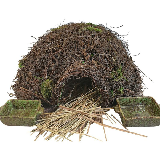 Selections - Brushwood Hedgehog House With Ceramic Food & Water Dish Set & Nesting Straw