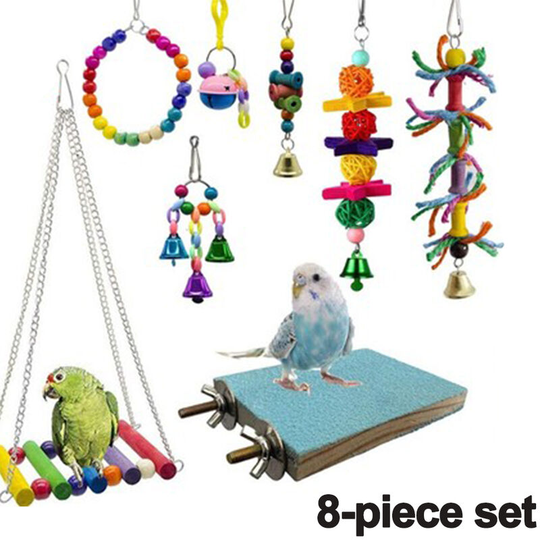 Devenirriche - 8Pcs Bird Parrot Toys, Natural Wood Bird Swing Climbing Chewing Standing Hanging Perch Hammock Rope Ladder Bell Bird Cage Toys for