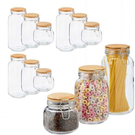 Set of 12 Storage Jars, Clip Top, Airtight Bamboo Lids, Dry Food, Glass, 2 l, 1.5 l, 750 ml, Transparent - Relaxdays
