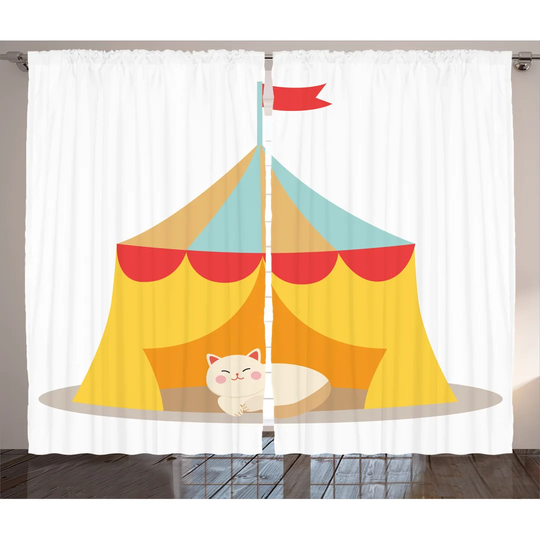 Furry Cat Kitten in a Circus Tent Smiling Fun Joy Famous Nostalgic Memory Art 2 Piece Room Darkening Curtain Set