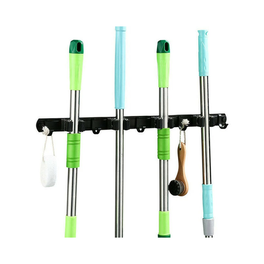 Multifunctional Wall-Mounted Broom Holder, Storage Hanger Holder with 5 Slots and 6 Hooks for Your Kitchen, Garage, Laundry Room - Free Screwdriver