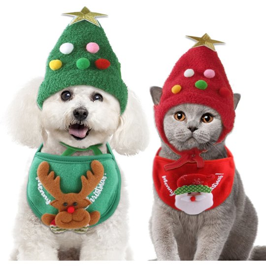 2 pet hats, Christmas scarves for dogs, Christmas scarves for cats in the shape of a Christmas tree