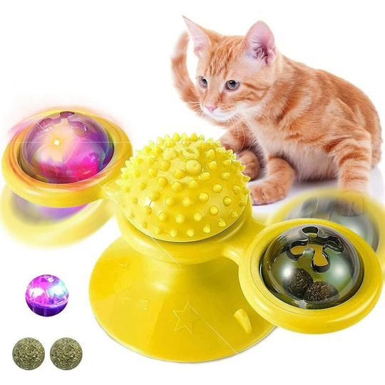 Interactive Cat Toy, Cat Spinner with Suction Cup Brush for Cat Teeth Cleaning, Cat Wall Mount with Swivel Ball, Kitten Toy with LED Light