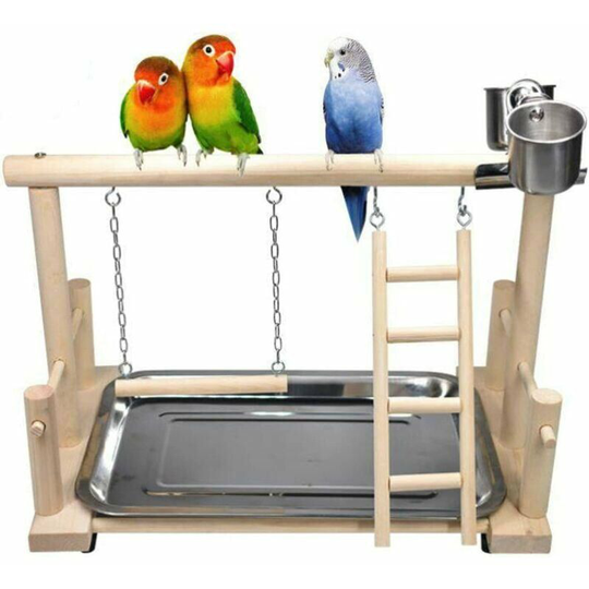 Echoo - Wooden Bird Parrot Play Stand / Playground / Toy Set, with Perches, Ladders and Swing, for Eclectus Sun Conure Scarlet Macaw Cockatoo