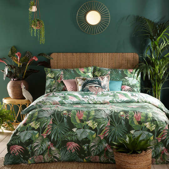 Furn - Amazonia Exotic Rainforest Print Reversible Duvet Cover Set, Jade, Super King
