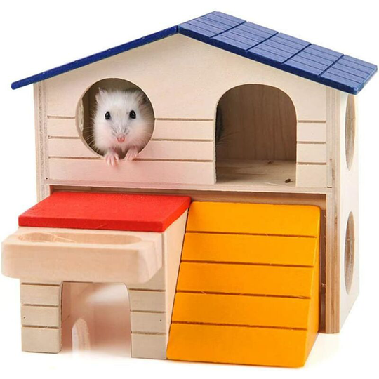 Small size hamster wooden house, luxury wooden two-layer hideout, chew toy with natural wood chips, creative and useful