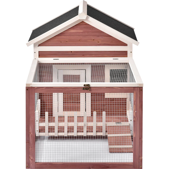 Rabbit Hutch Indoor Outdoor Bunny Cage With Ladder, Linoleum Roof, Large, Brown