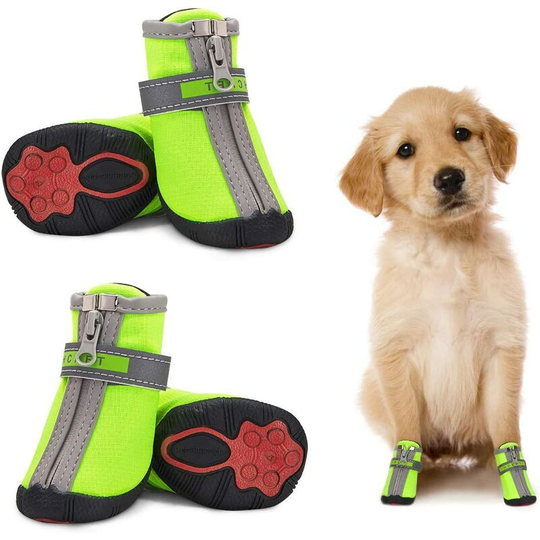 Soekavia - Waterproof Small Dog Shoes 4 Pack, Reflective Non-slip Paw Protector Dog Boots Warm Puppy Shoes Small Medium Dogs Green 4 #