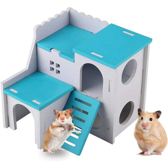 Wooden Hamster House, Small Animal Hut to Hide, Equipped with Ladder, Two-story Hut for Hamster, Chinchilla, Cat, Gerbil and Mouse (Blue)