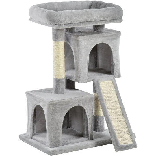 Cat Rest & Play Activity Tree w/ 2 House Perch Scratching Post Grey - Grey - Pawhut