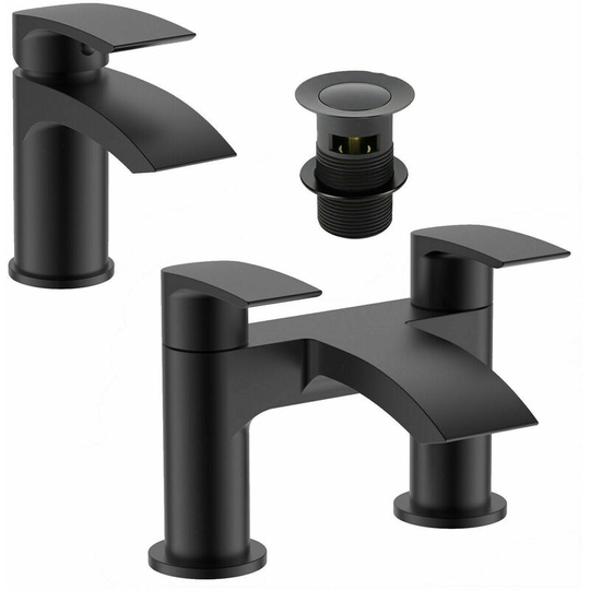 Black Matt Waterfall Basin & Bath Filler Tap Lever Round Deck Mounted Modern - Matt Black