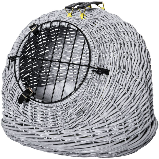 Wicker Cat Basket w/ Mat Handle Kitten Pussy Enclosed Bed Portable - Grey - Grey
