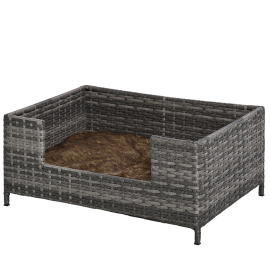 PawHut Rattan Dog Cat Pet Bed w/ Cushion Metal 61L x 46W x 27H Grey