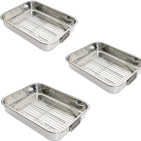 Stainless Steel Roasting Trays Oven Pan Dish Baking Roaster Tray Grill Rack Z - Size: Extra Large (Set Of 3)