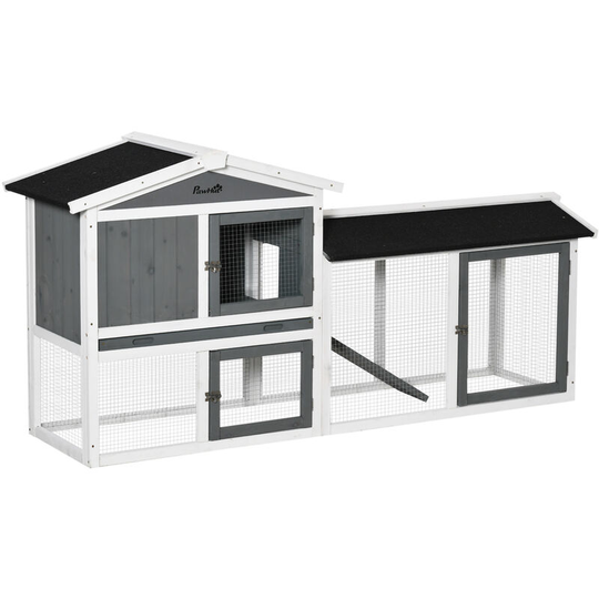 Pawhut - Two-Tier Wooden Rabbit Hutch w/ Run Box, Slide-Out Tray, Ramp - White - White
