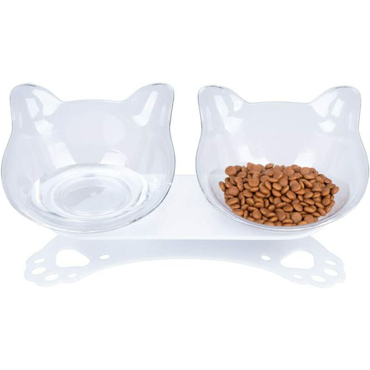 Perle Rare - Anti Vomiting Cat Bowls, Elevated Plastic Cat Food Bowl, Tilted 15° Raised Cat Dishes with Non-Slip Rubber Base Stand for Cats (Clear)