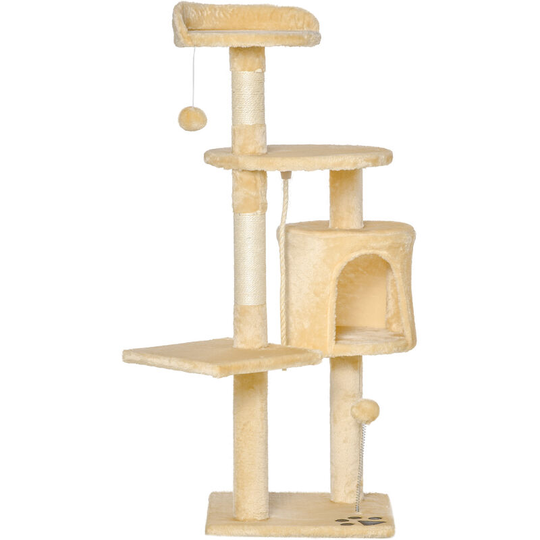 Cat Tree Activity Centre Scratching Post With Toys 4-tier Beige 114cm - Beige - Pawhut
