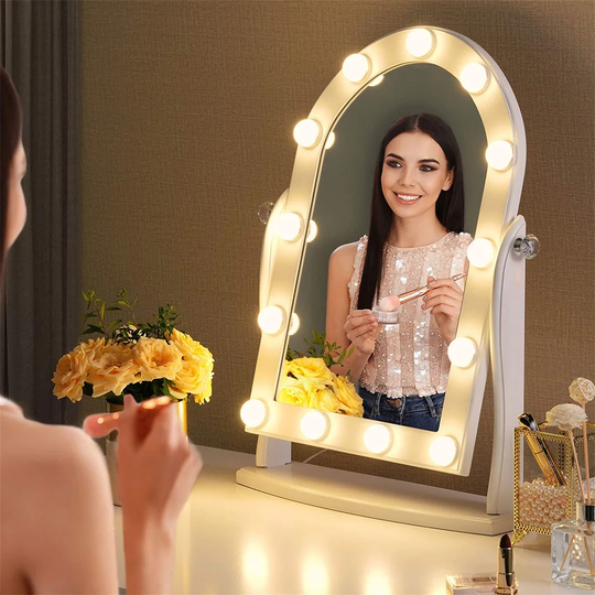 Kavanagh Oval Magnifying Lighted Wood Framed Freestanding Makeup / Shaving Mirror in Black