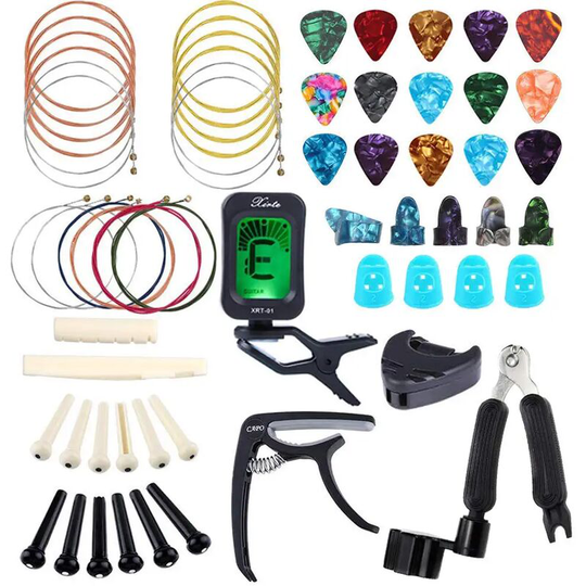 60 Piece Guitar Accessory Kit Includes Picks, Tuner, Capo, 3-in-1 String Cutters, Acoustic Guitar Strings, Bridge Pins, 6-String Folk Bridge Saddle