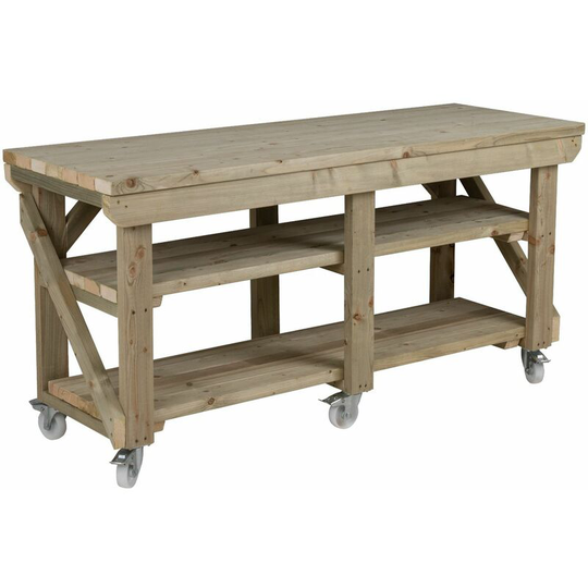 Wooden Pressure Treated Indoor / Outdoor Workbench, 9ft (270cm), With wheels and Double shelf