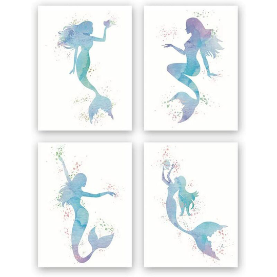Monly - Graceful Moving Mermaid Watercolor Prints, Legend of the Sea, Set of 4 (8' x 10') Unframed Canvas Print, Great Gift for Girls Bedroom
