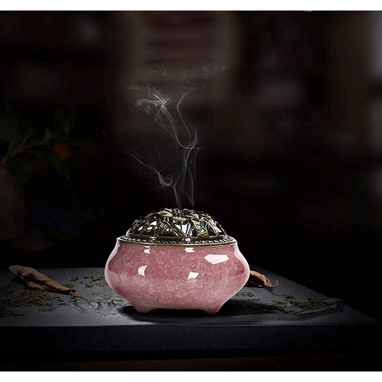 Perle Raregb - Ceramic Incense Burner, Porcelain Charcoal Censer, Brass Calabash Incense Sticks and Metal Lid, Delicate and Durable, Ideal for Yoga