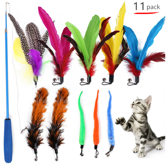 Cat Feather Rod Interactive Feather Teaser Retractable Cat Wand 11 pcs