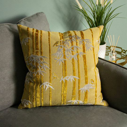 Anji Bamboo Jacquard Velvet Cushion Cover, Gold, 50 x 50 Cm - Paoletti