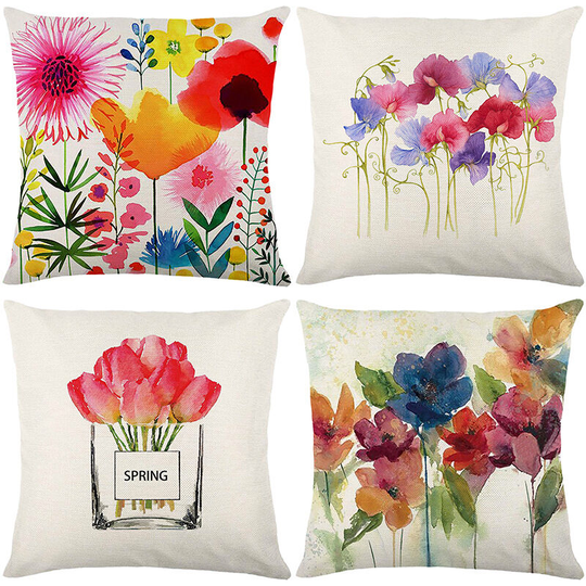 Pillowcase Colorful Spring Flowers Around Rabbit Print Decorative Pillow Case Cushion Cover Home Decor Cotton Linen Pillowcase 18 x 18 Inch (Floral)