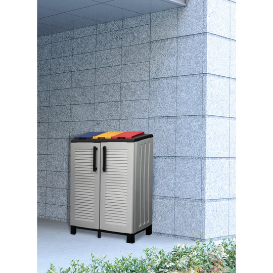 Litter Cupboard For Outdoor Or Indoor Use, 3-Sack Cabinet With 2 Doors, 100% Made In Italy, 68X37h90 Cm, Light Gray Color And Colored Lids