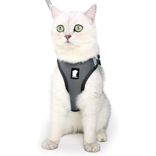 Cat Harness - Adjustable Kitten Harness Set Pet Cat Harness and Leash Waterproof Reflective Soft Mesh,Silver Grey,M
