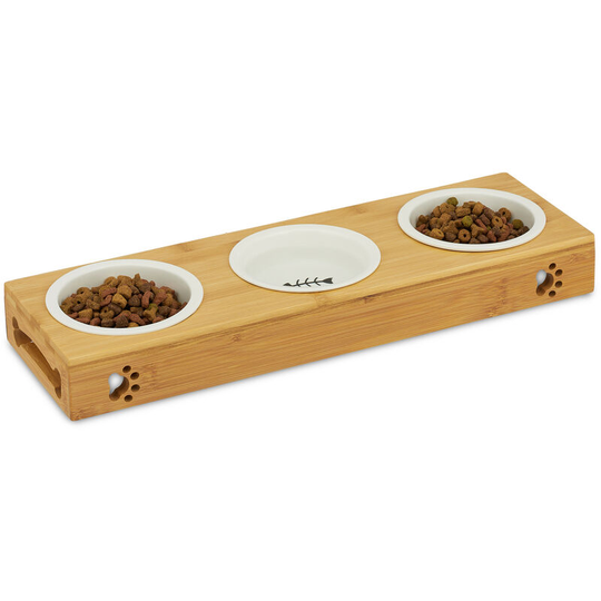 Relaxdays - Bamboo Dog Feeding Station, 3 Ceramic Bowls, Water & Food, Dishwasher-Safe, Cats, Various Sets, Natural