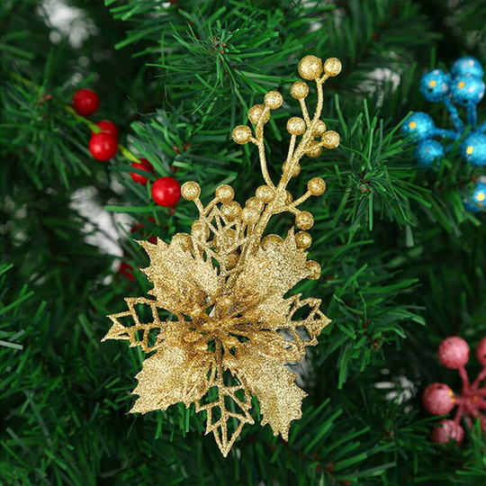 Echoo - Set Of 10 Christmas Decoration Artificial Poinsettia With Metal Alloy Clip 15cm Glitter Christmas