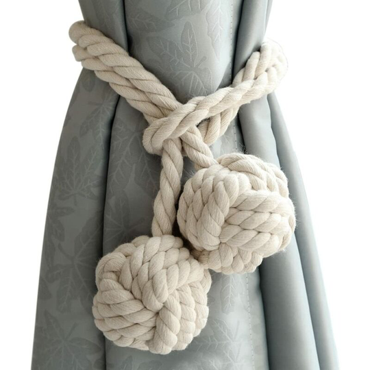 Briday - 2 Curtain Tiebacks with 2 Cotton Balls, Eco-Friendly Rope Knit Cotton Yarn Curtain, Natural and Simple Style, Decoration for Room or Bedroom