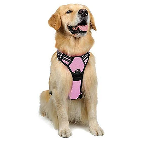 Perle Rare - Dog Harness l Harness Pink Anti Pull Reflective Adjustable Dog Vest, Front Attachment Leash Hook for Hiking Car Trip, French Bulldog,