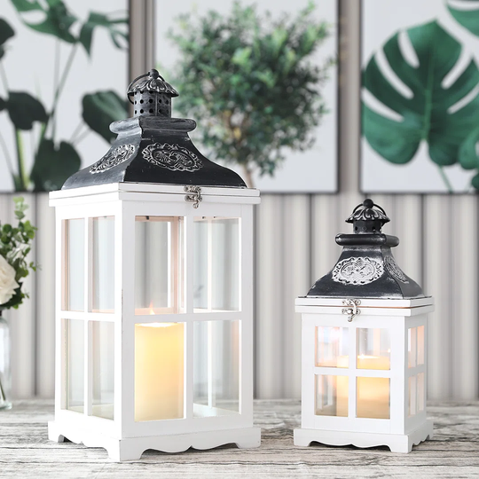 2 Set Of 55/35cm White Wood Decorative Candle Lanterns