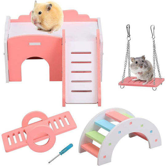 Bearsu - 4pcs Hamster Toy, Wooden Cute Hamster Toy with Rainbow Bridge Hanging Swing Hamster House Seesaw for Mouse Gerbil Chinchilla Parrot Gerbils
