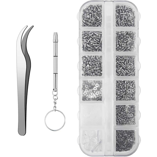 Groofoo - Sunglasses Repair Kit, 1100 Pieces Tiny Stainless Steel Screws and 5 Pairs Nose Pads with Micro Screwdriver Tweezers for Watch Clock