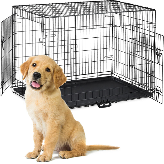 Foldable Dog Crate, for Travels with Pets or Indoors Use, Plastic Bottom, 2 Doors, hwd: 78 x 106 x 72cm, Metal - Relaxdays