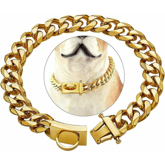 Gold Dog Collar with Safety Buckle, Heavy Duty Chewable Stainless Steel Link Collar (Gold, 20')