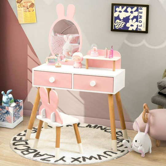 Costway - Kids Vanity Table and Stool Set, 2-in-1 Princess Makeup Dressing Tables with Detachable Mirror, Drawers & Storage Shelf, Cute Rabbit Study